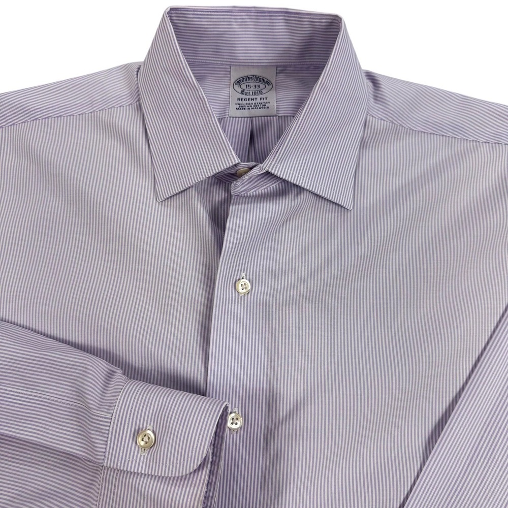 Brooks Brothers Shirt Mens 15-33 Purple Stripe‎ Regent Non Iron Stretch Supima